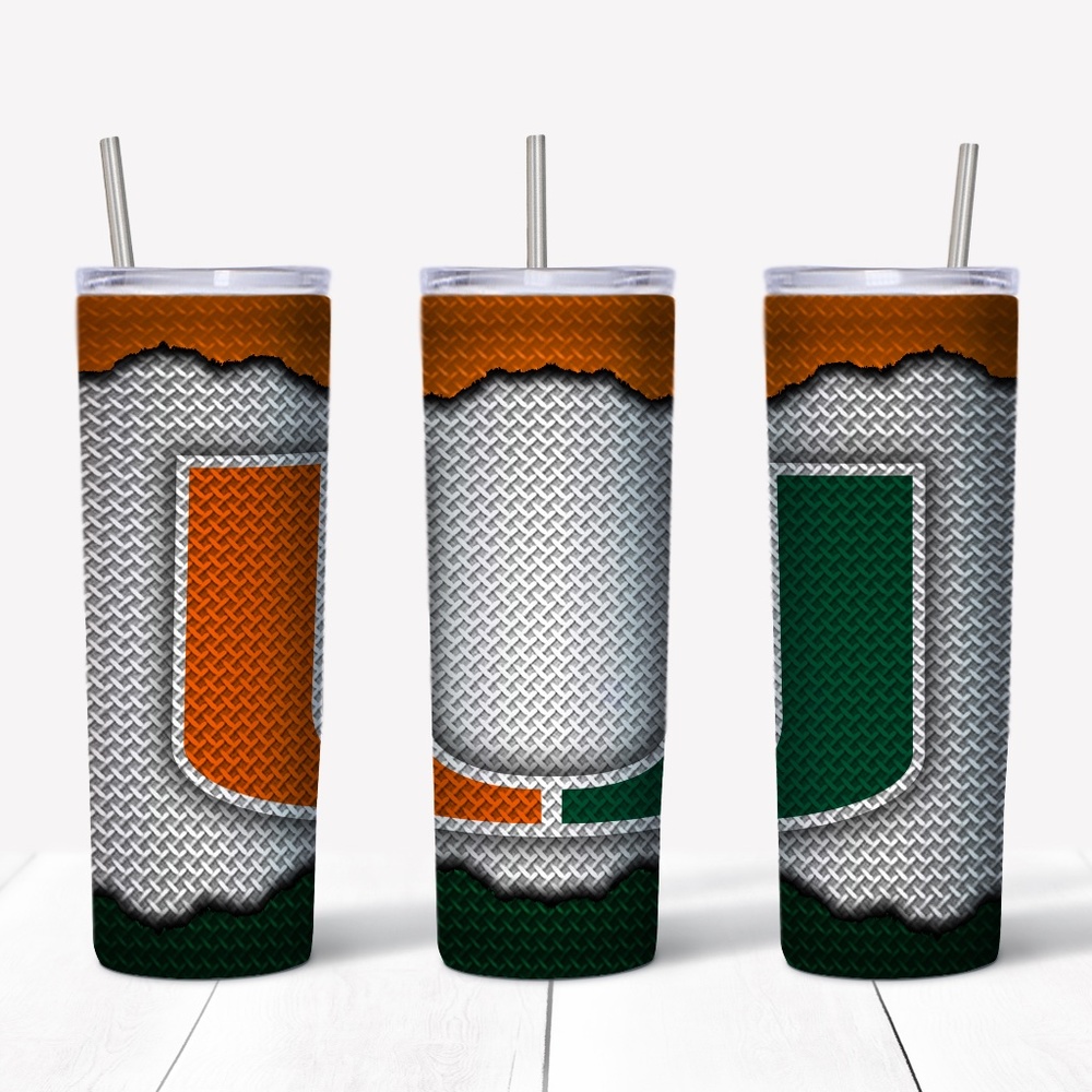 Miami Hurricanes - Metal Carbon 20 Oz Skinny Sublimated Tumbler